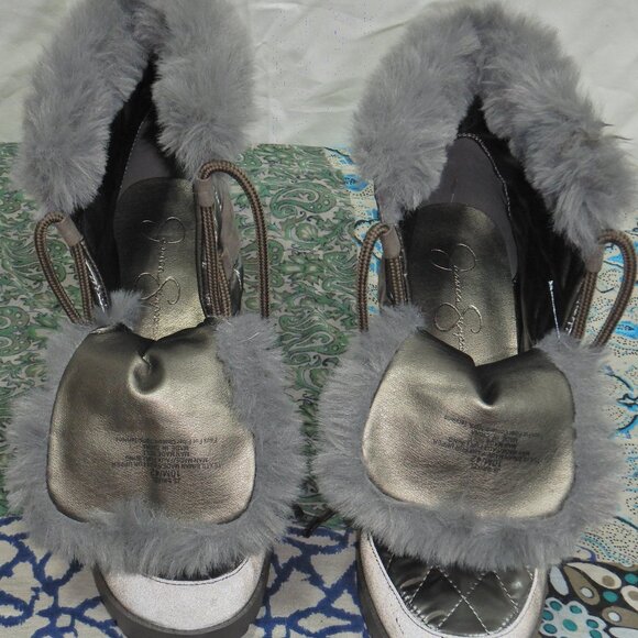 Jessica Simpson Silver Faux Fur Lace Up Wedge Booties - Picture 11 of 13